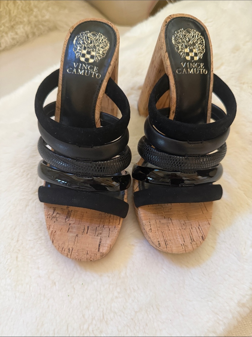 Vince Camuto Black Multi-Texture Cork Platform Slides